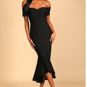Lulus Black dress How Much I Care Black Off-the-Shoulder Midi Dress